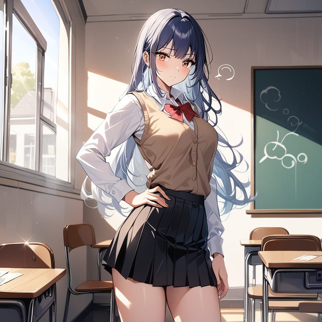 Girl in Dark Blue Hime Cut School Uniform