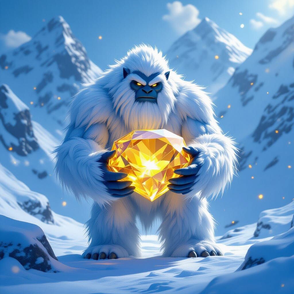 Yeti Holds Giant Yellow Topaz in Snowy Mountain Landscape