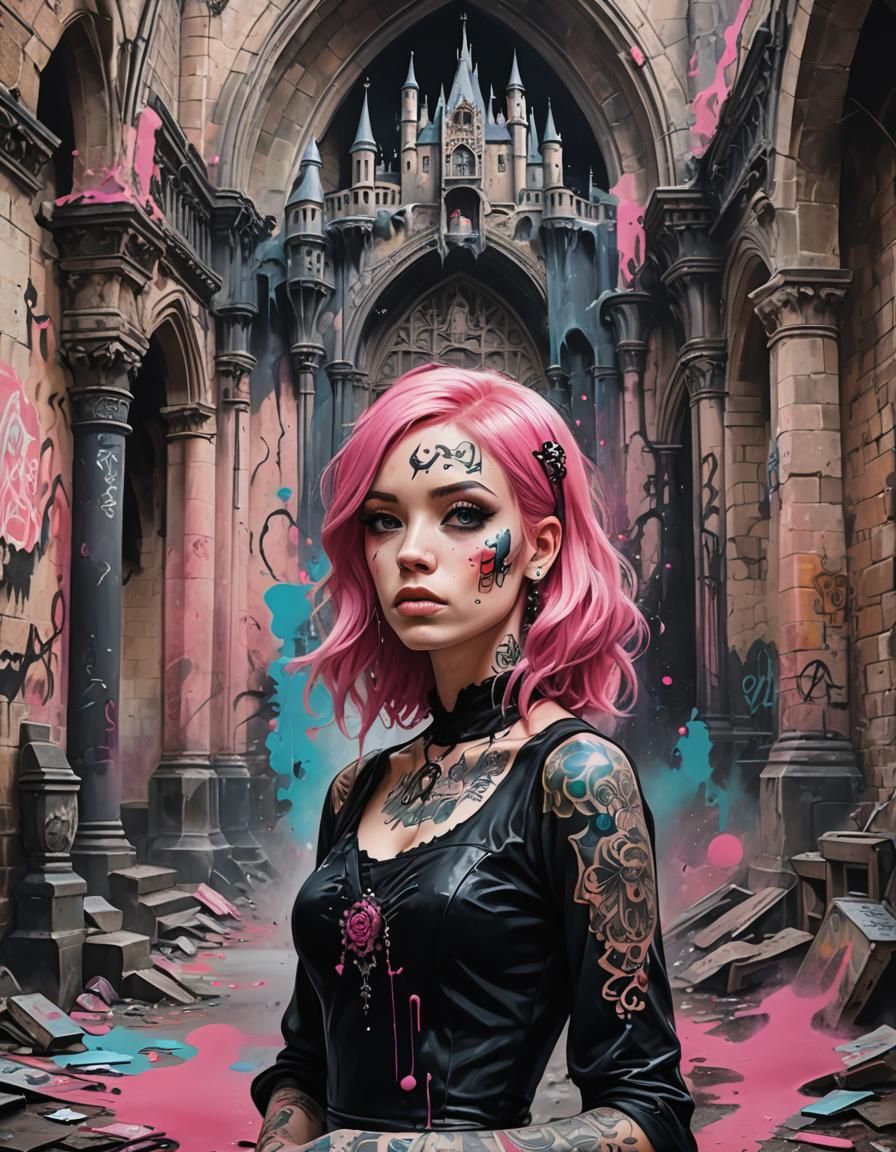Tattooed Princess in Gothic Castle Graffiti Art