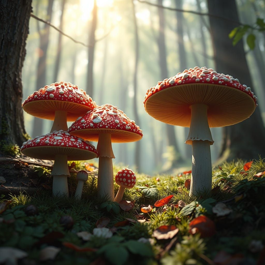 Vibrant Red-Capped Mushrooms Thrive in Emerald Forest Under...
