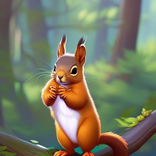 Cute Squirrel Portrait in Detailed Forest Painting