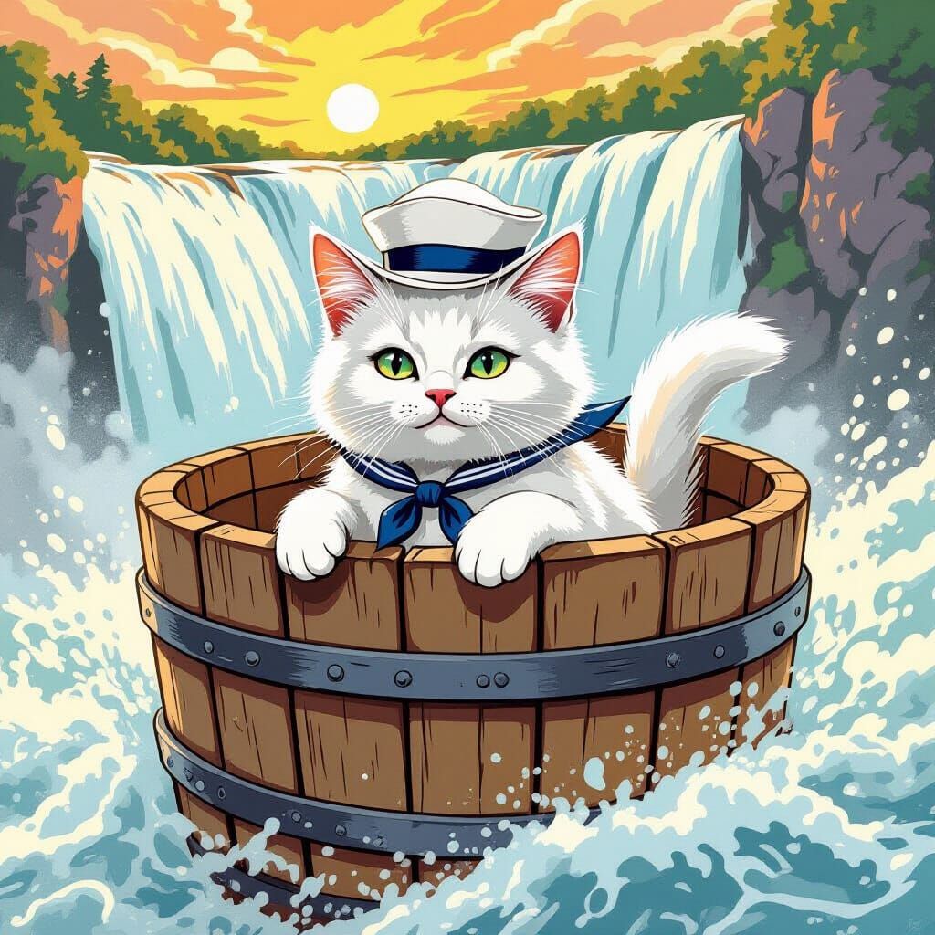 Brave Cat in Barrel Over Niagara Falls Adventure