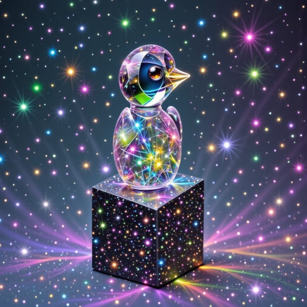 Glass Bird Sculpture on Obsidian with Psychedelic Glow
