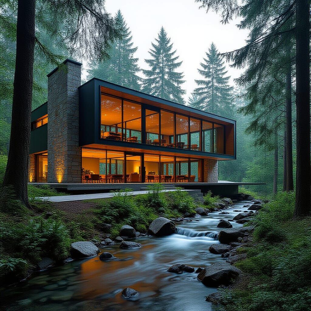 Modern Forest Schoolhouse of Stone, Wood, and Glass