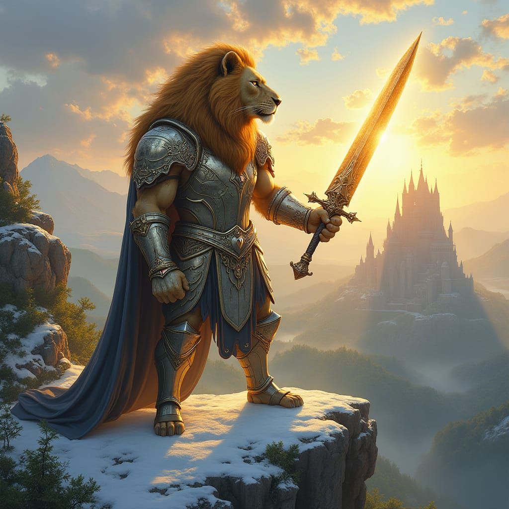 Regal Lion in Shining Armor Surveys Majestic Kingdom