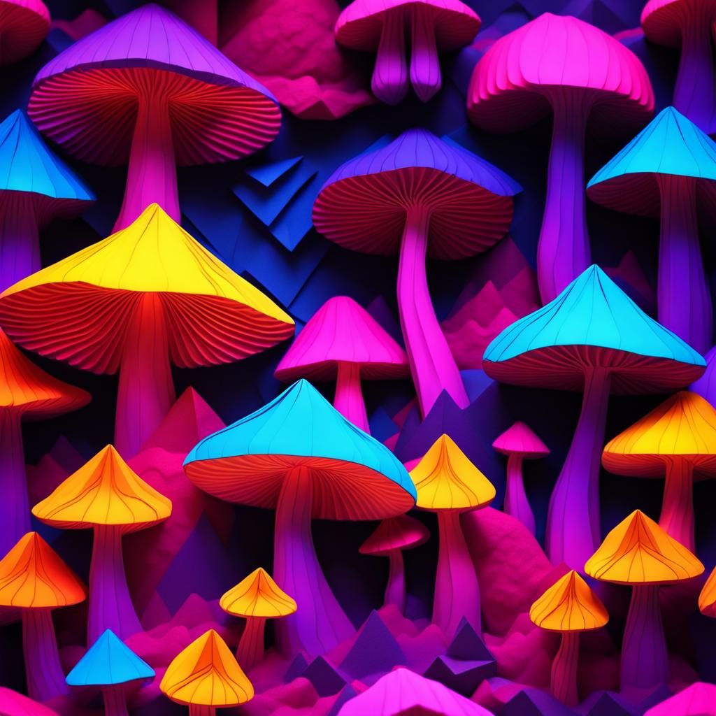 Vivid Blacklight Art: Mushroom Cavern in Origami Style