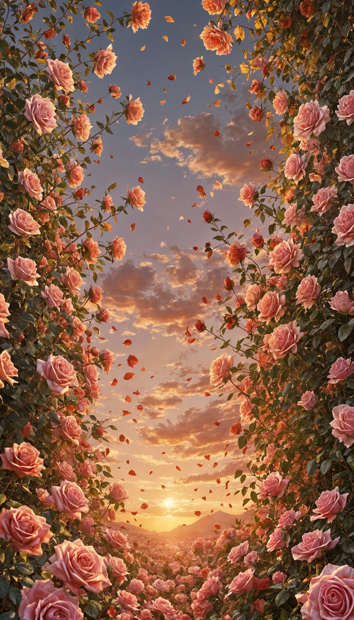 Beautiful Sunset Landscape of Roses in Realistic Style