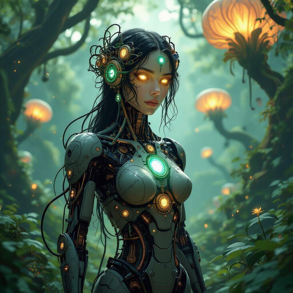 Bioluminescent Cyborg Botanist in Alien Grove: Art Nouveau