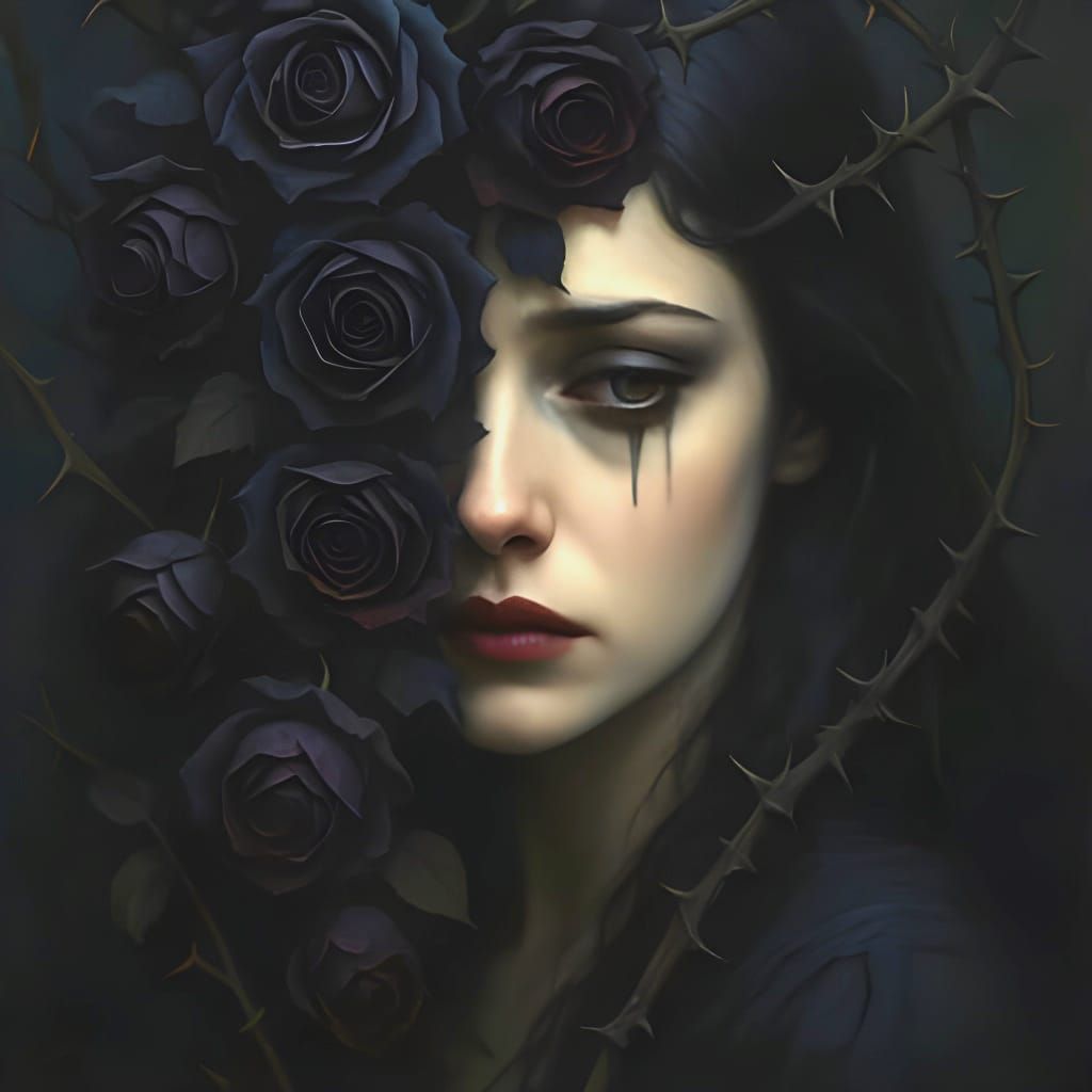 Gothic Portrait of Sorrowful Woman with Wilting Roses
