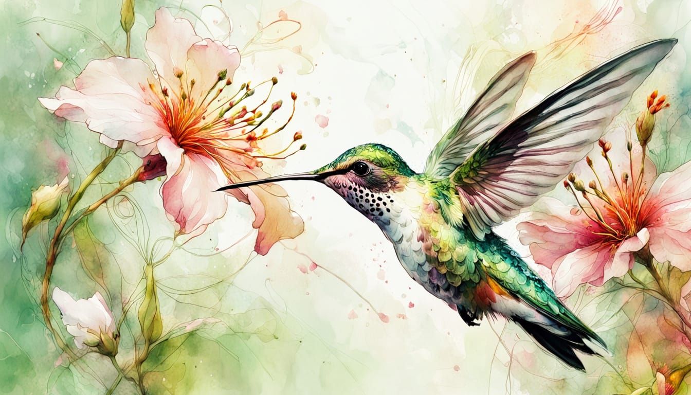 Hummingbird in Garden: Whimsical Digital Art