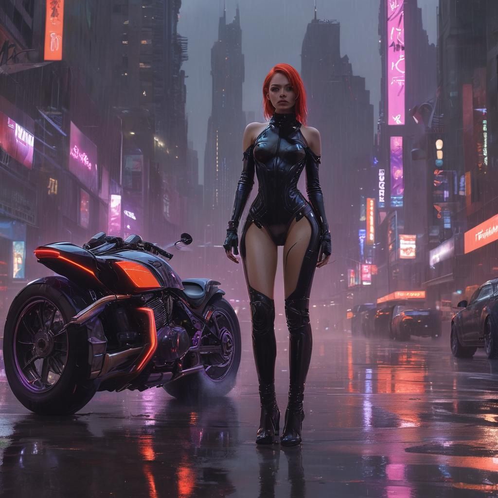 Girl on Motorcycle in Neon City, Cyberpunk Style