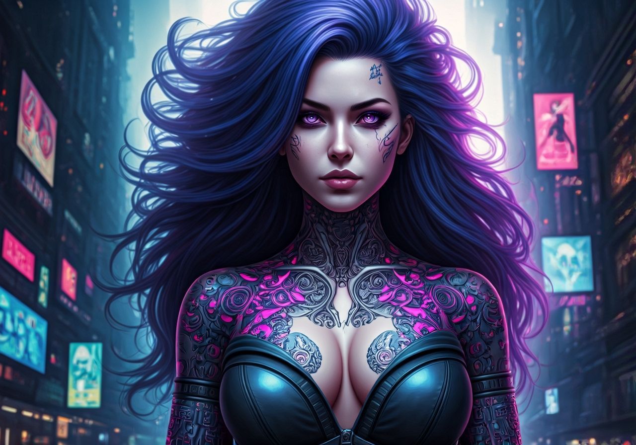 Cyberpunk Goddess Portrait in Electric Blues and Purples