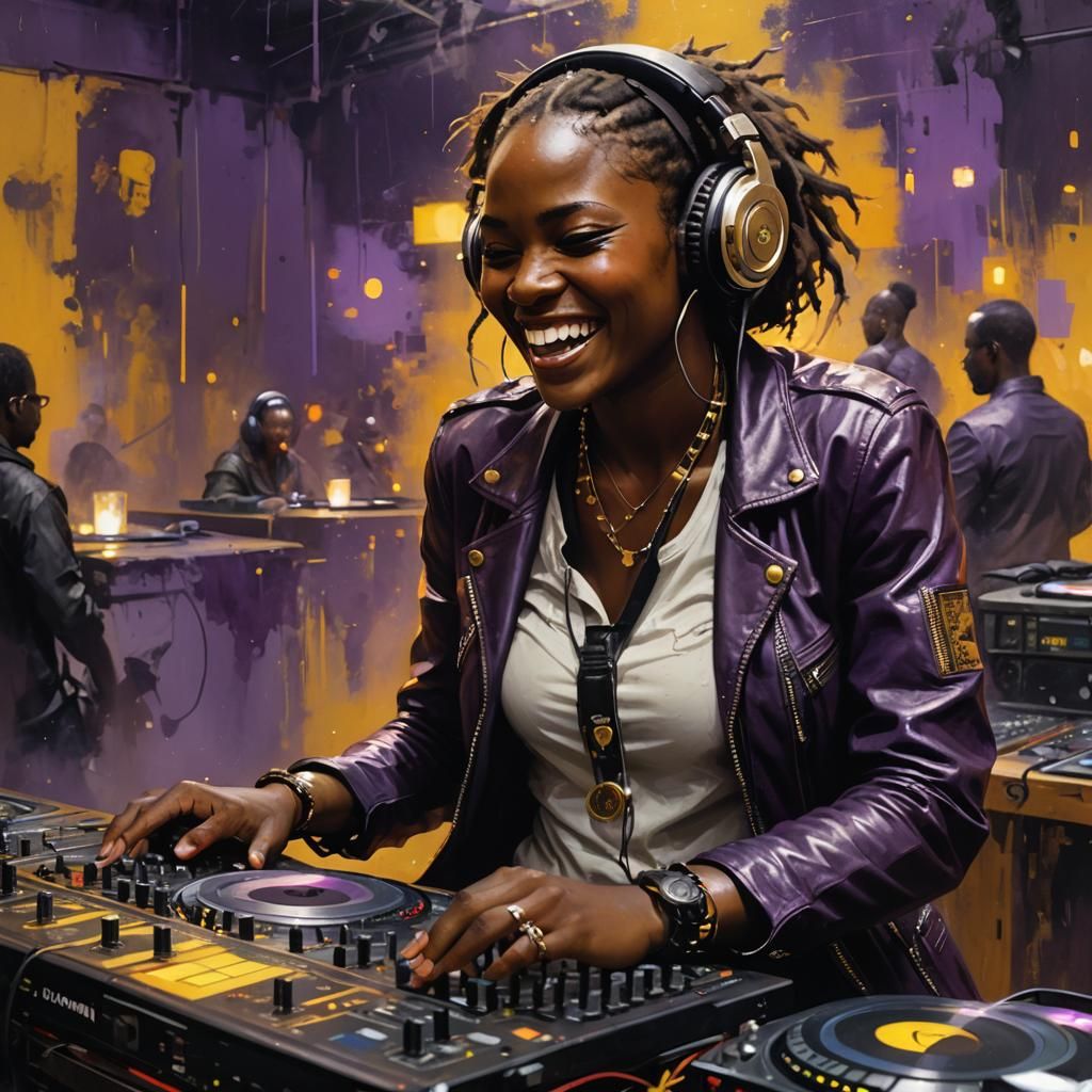 Joyful African DJ Girl in Impasto Style