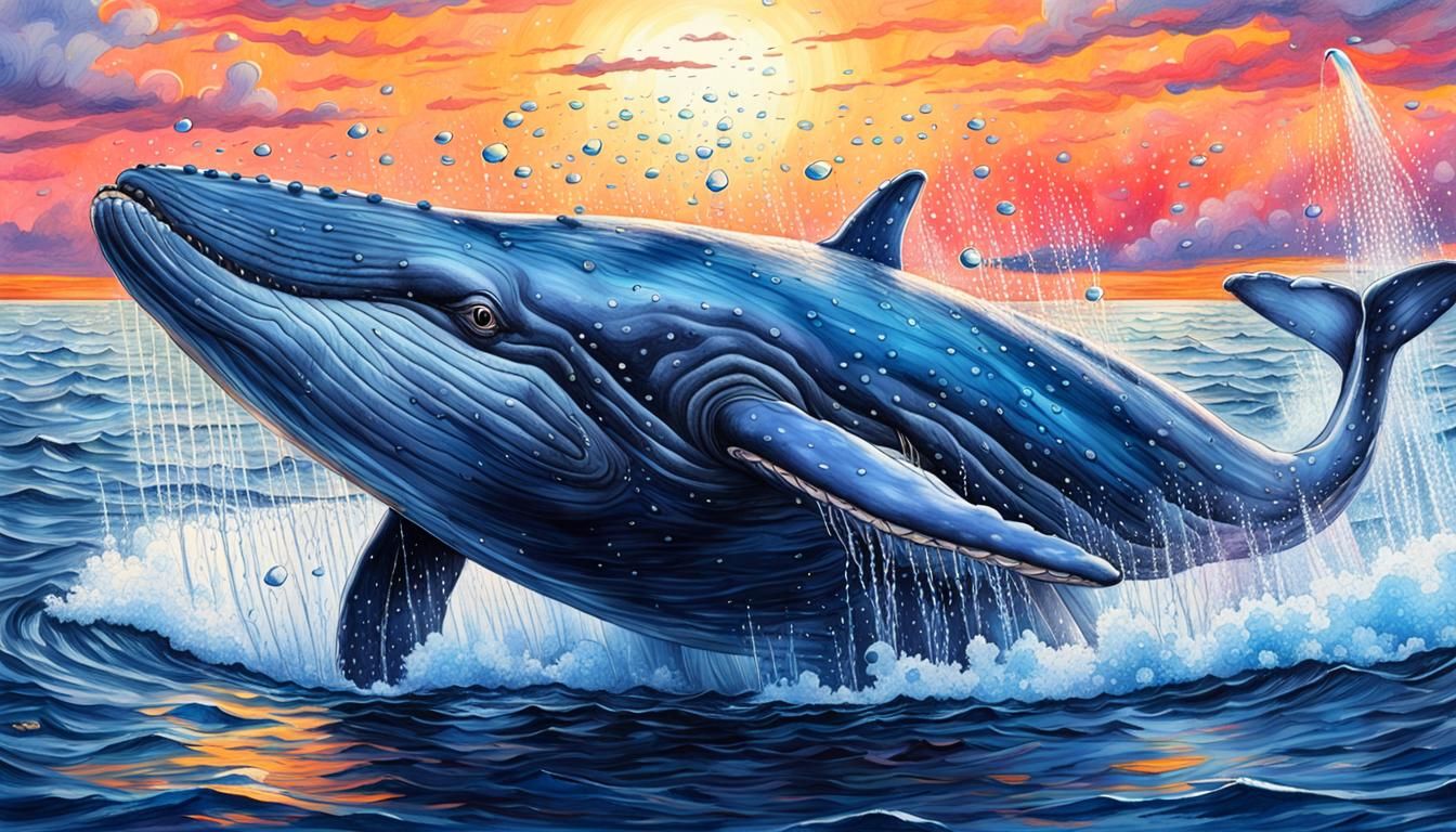 Blue Whale Breaching: Pencil Cartoon at Sunset