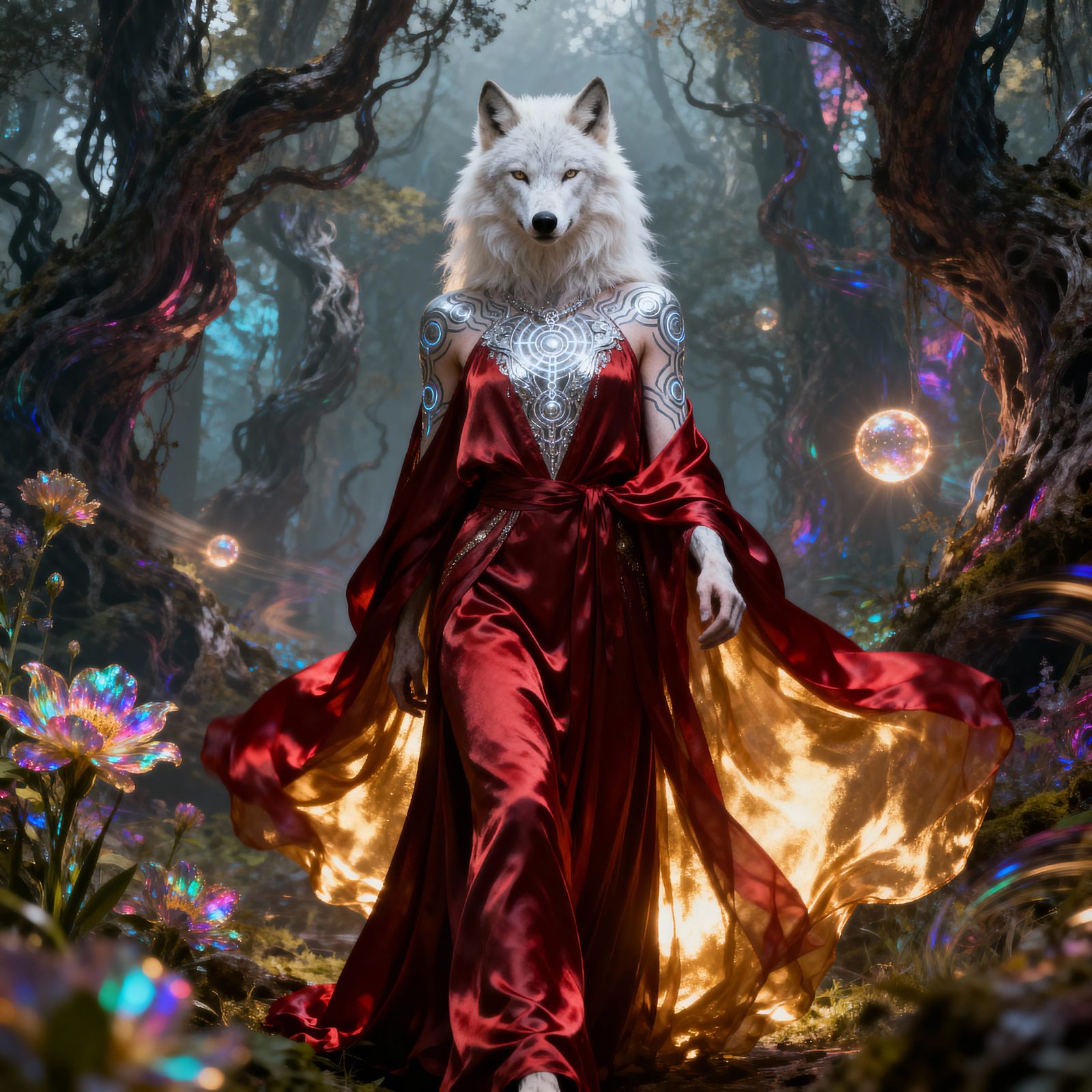 Albino Shaman Queen in Crimson Silk Robe, Surreal Dreamscape