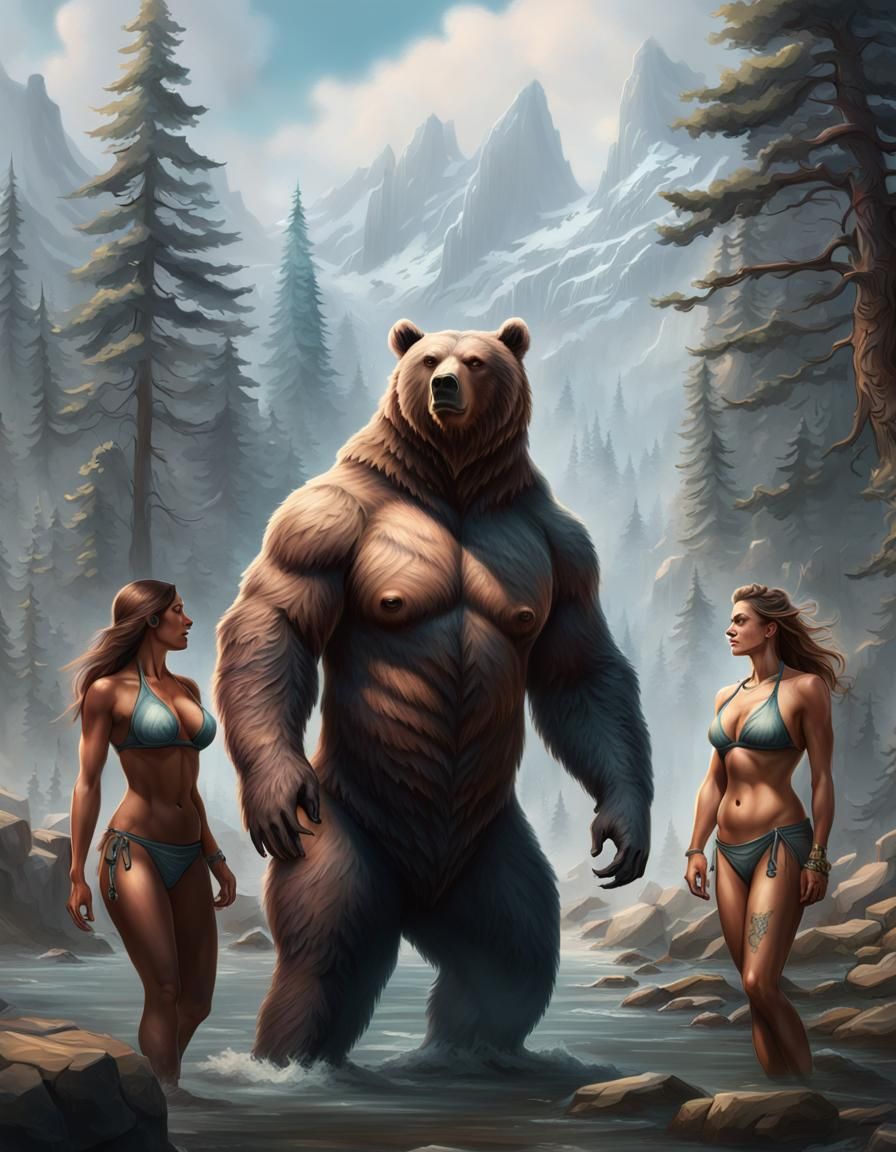 Grizzly Bear Tattoo with Fantasy Bikini Girls