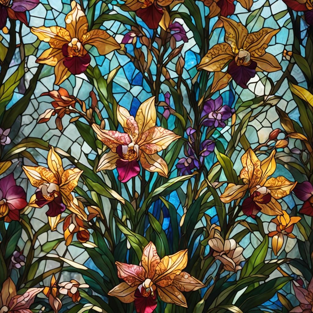 Radiant Light Through Stained Glass Orchids