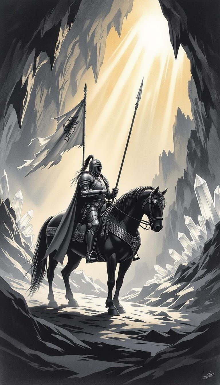 Knight on Horse in Crystal Cave, Charcoal Painting