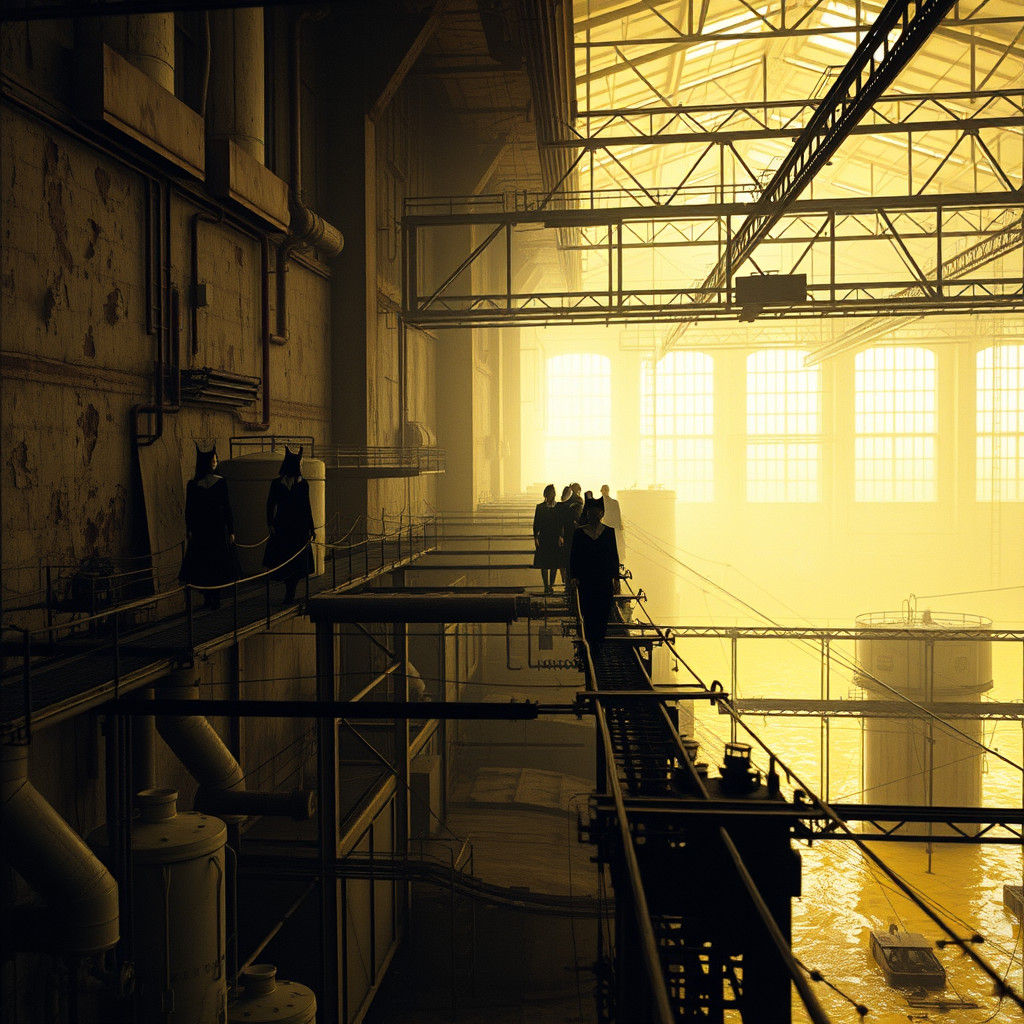 Decaying Factory with Ominous Figures in Industrial Landscap...