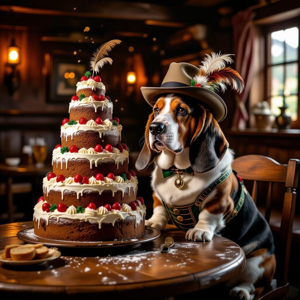 Basset Hound Enjoys Black Forest Cake in Bavarian Tavern