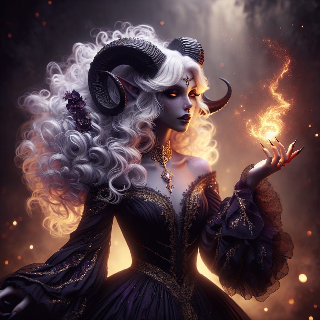 Tiefling Mage Summons Fire in Hyperrealistic Fantasycore Sty...