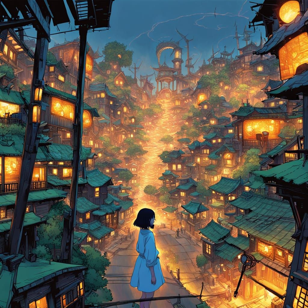 Ethereal 80s Anime Cityscape at Dusk