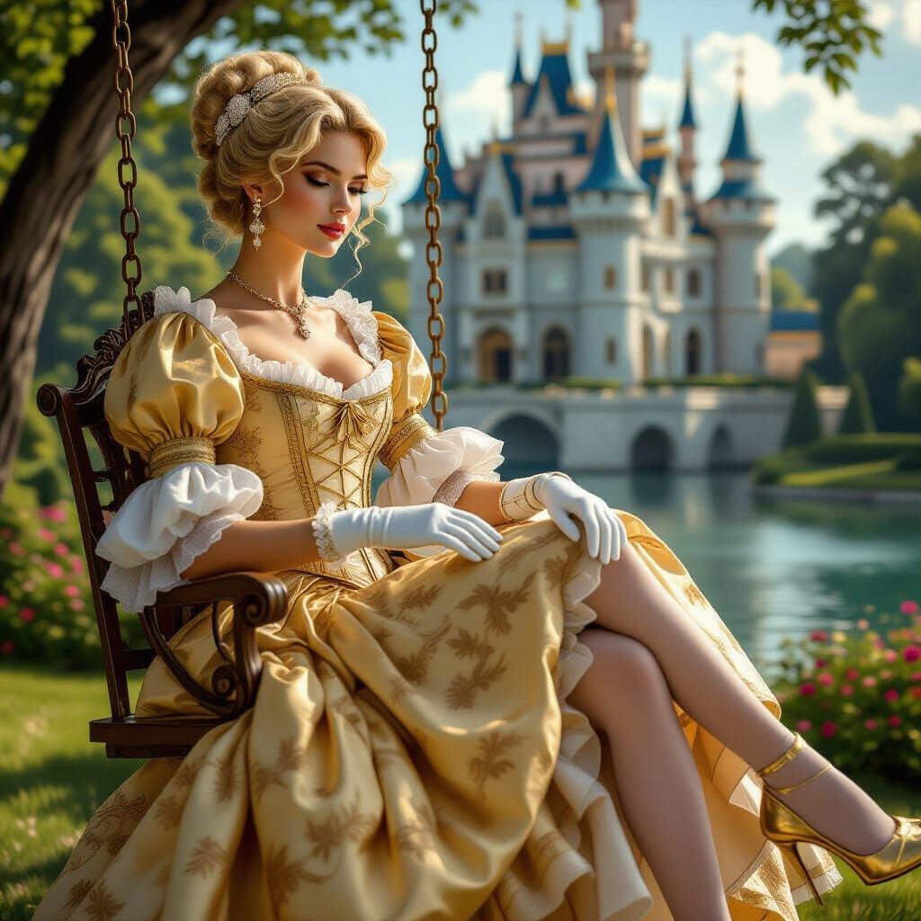 Woman in Golden 18th Century Dress, Realistic 8k