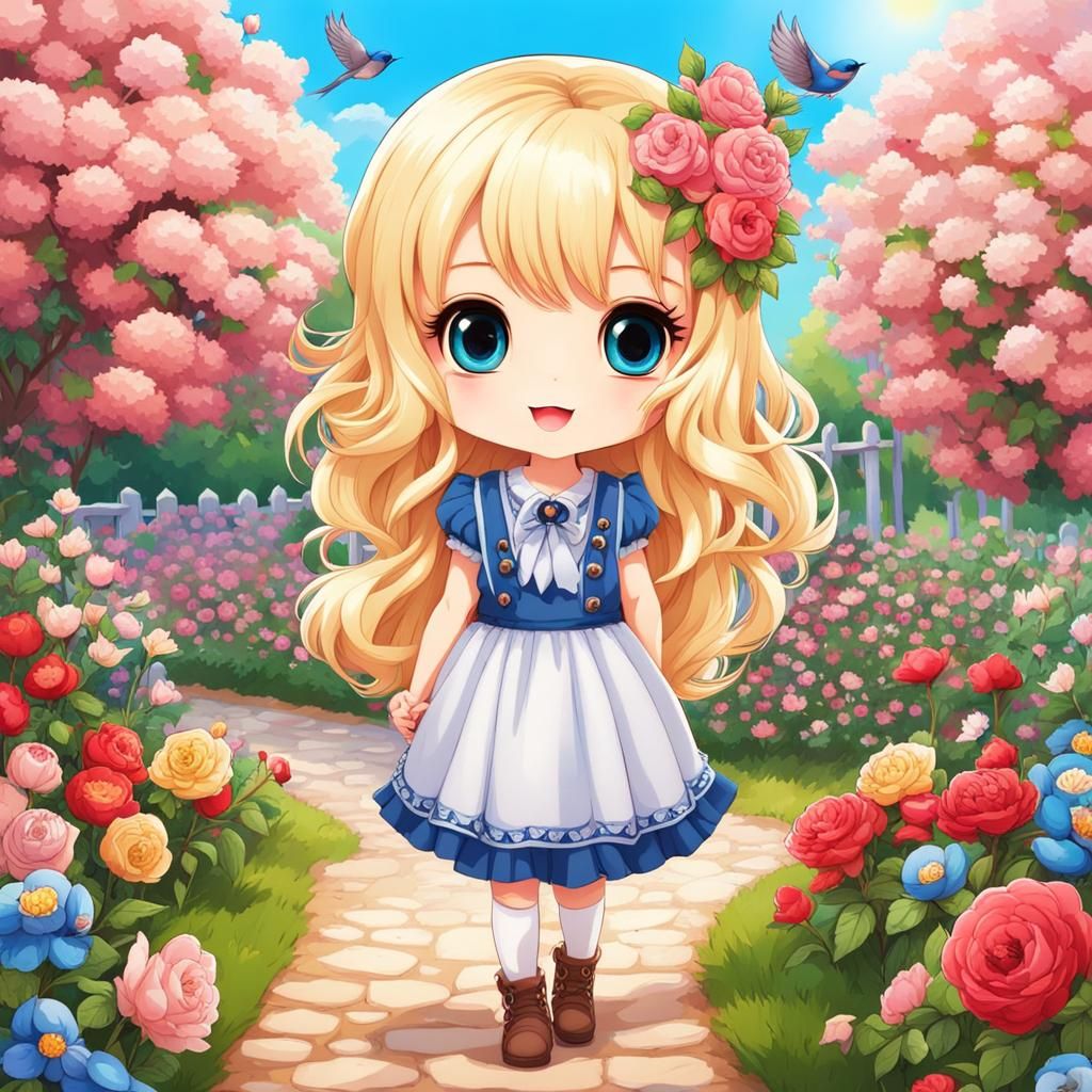 Cheerful Chibi Girl in Sunny Rose Garden