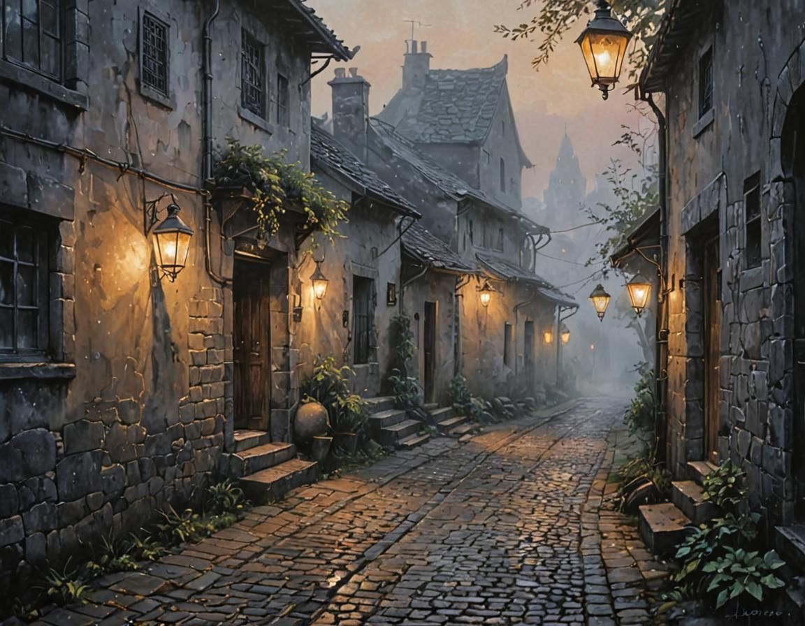 Ethereal Village Alley Sunrise in Acrylic Painting Style