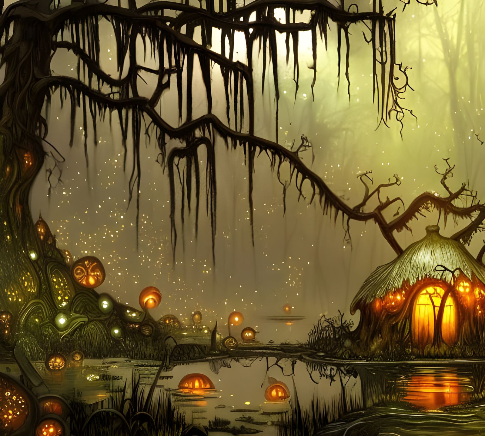 Haunted Ogre Shack in Luminous Swamp, Detailed Digital Paint...