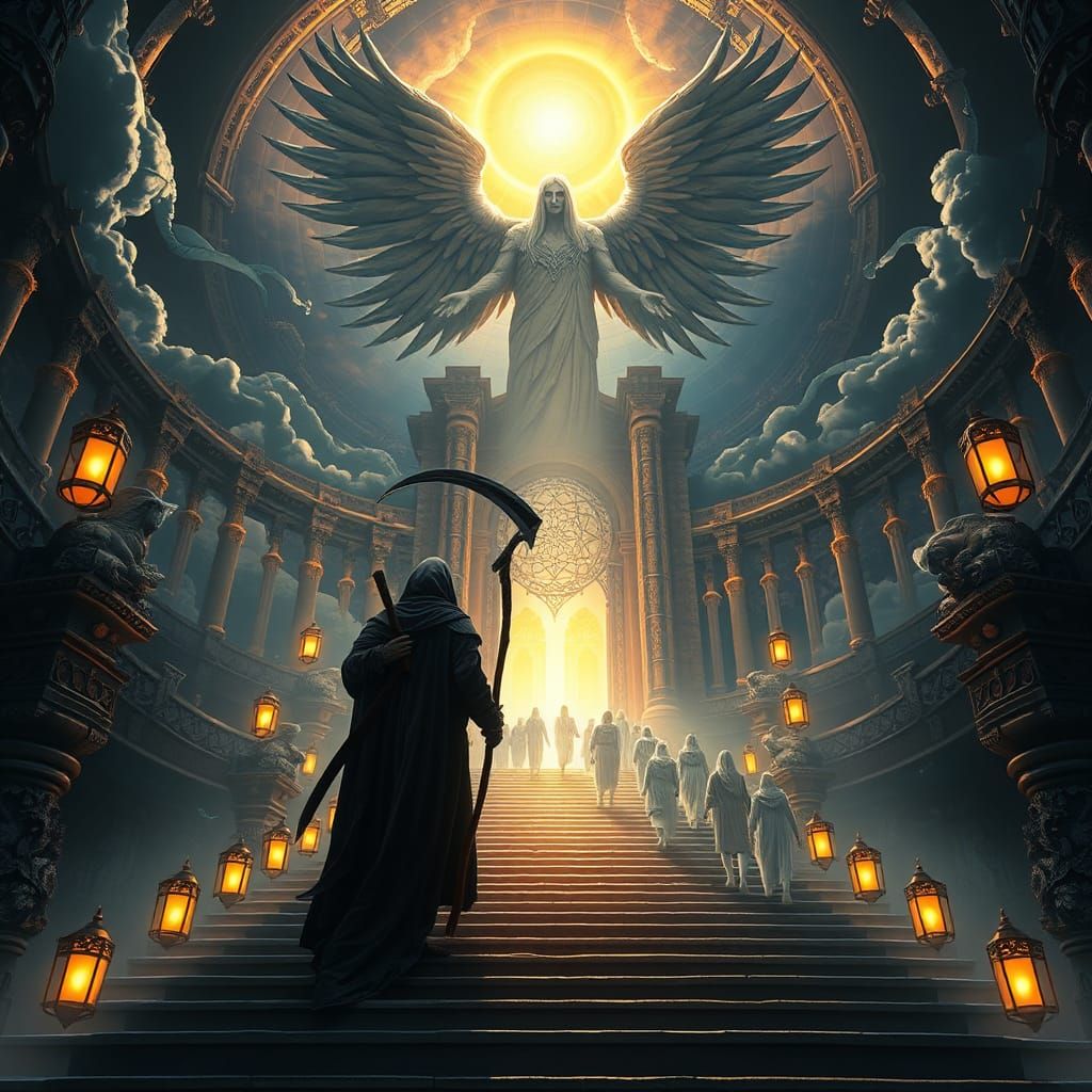 Grim Reaper Guides Souls to Heaven's Gate