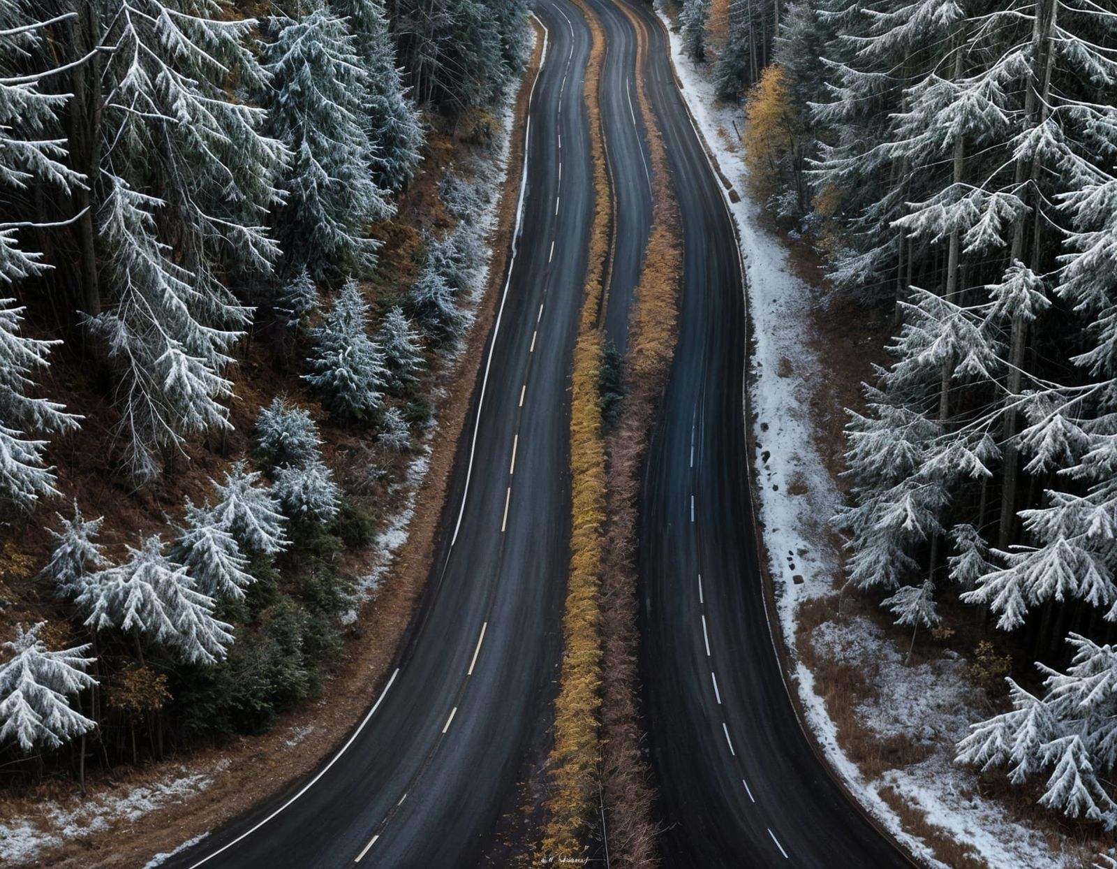 Autumn and Winter Forest Road in Photorealistic Style