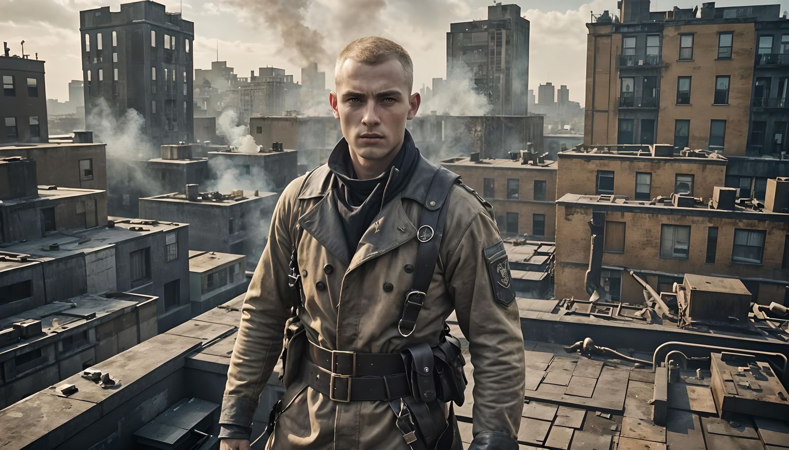 WWI Sailor in Apocalyptic Steampunk Cityscape