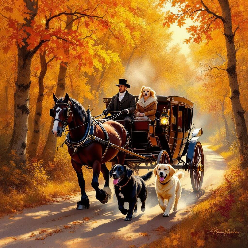 Percheron Horse Pulls Steam Carriage Through Autumn Forest