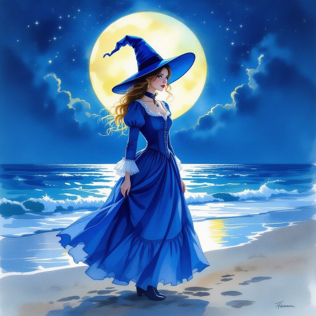 Young Witch on Moonlit Beach Fantasy Watercolor