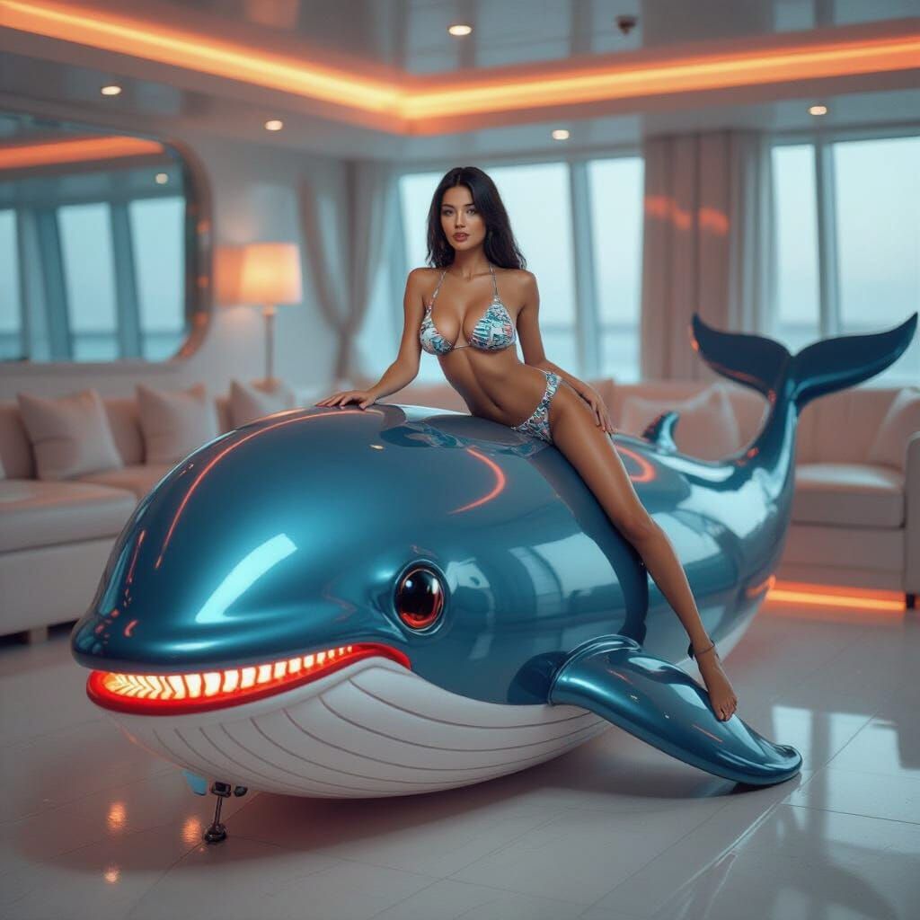 Bikini Woman Rides Gigantic Vinyl Whale in Futuristic Style