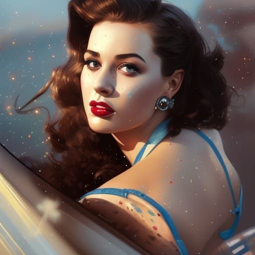 Pin-Up Girl on Mustang Car, Hyperdetailed Portrait