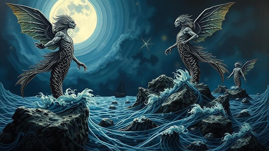 Mythological Sirens Luring Sailors: Abstract Surrealism