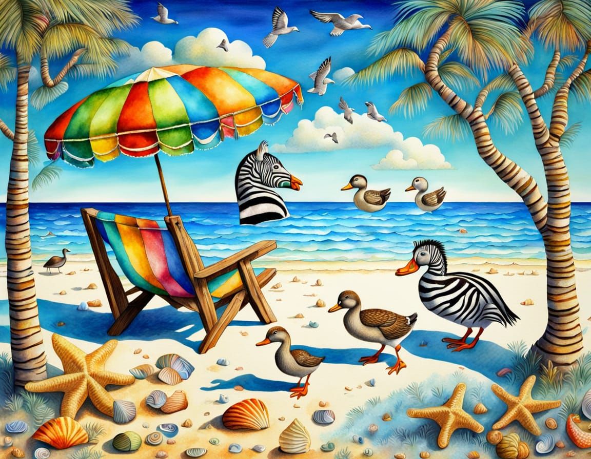 Zebra's Beach Holiday with Duck in Aquarelle Style