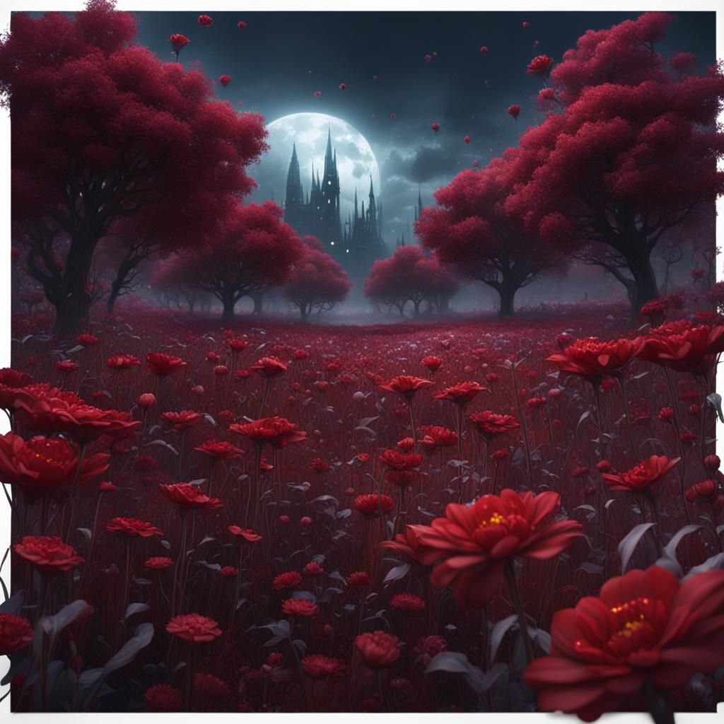 Fantasy Field of Red Flowers in Matte Painting Style
