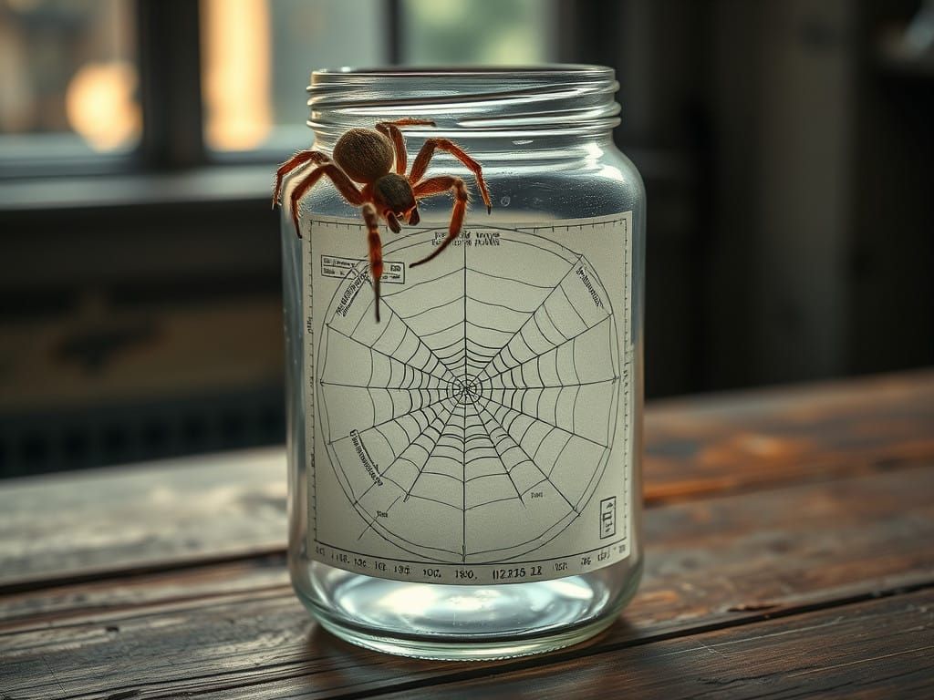 Detailed Blueprint of Spider Web in Glass Jar, a Hairy Spide...
