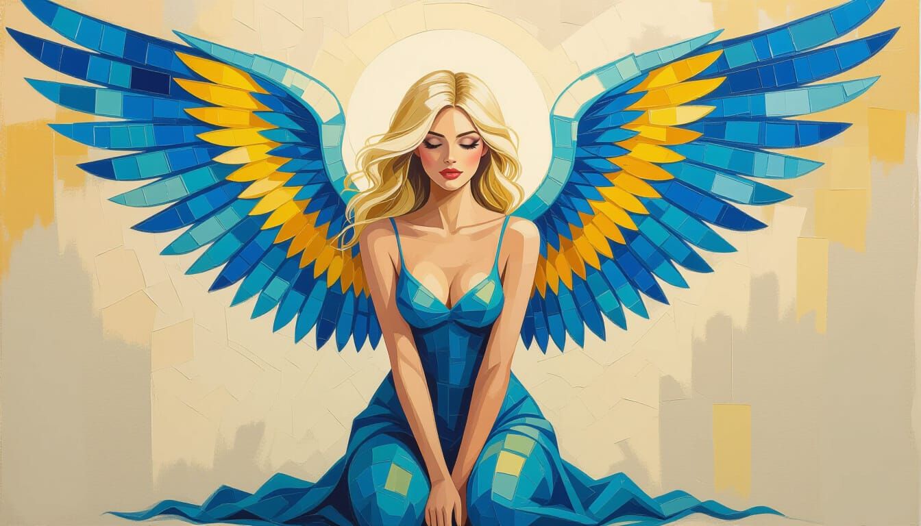 Angelic Figure Kneeling in Vibrant Blue and Yellow Impasto S...