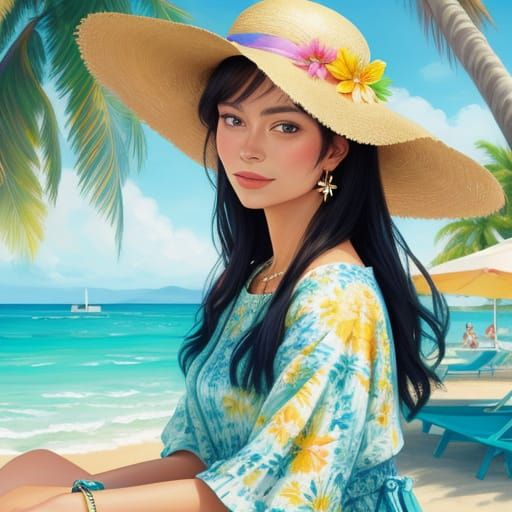 Impressionistic Woman with Floral Hat on Tropical Beach