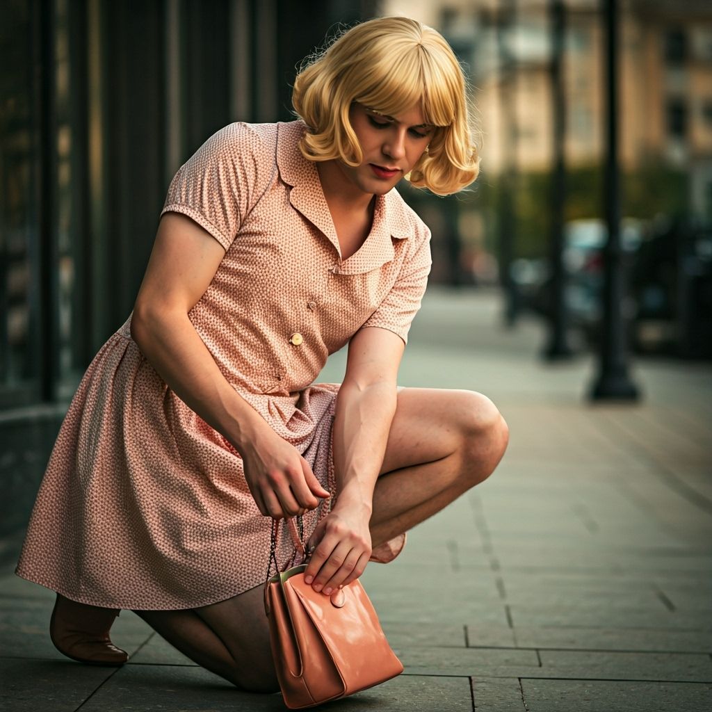 Androgynous Man Models Babydoll Dress Kneeling for Purse