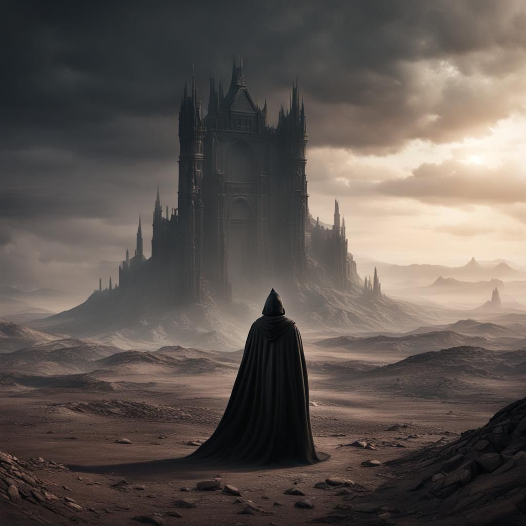 Mysterious Figure in Desolate Wasteland: Fantasy Concept Art