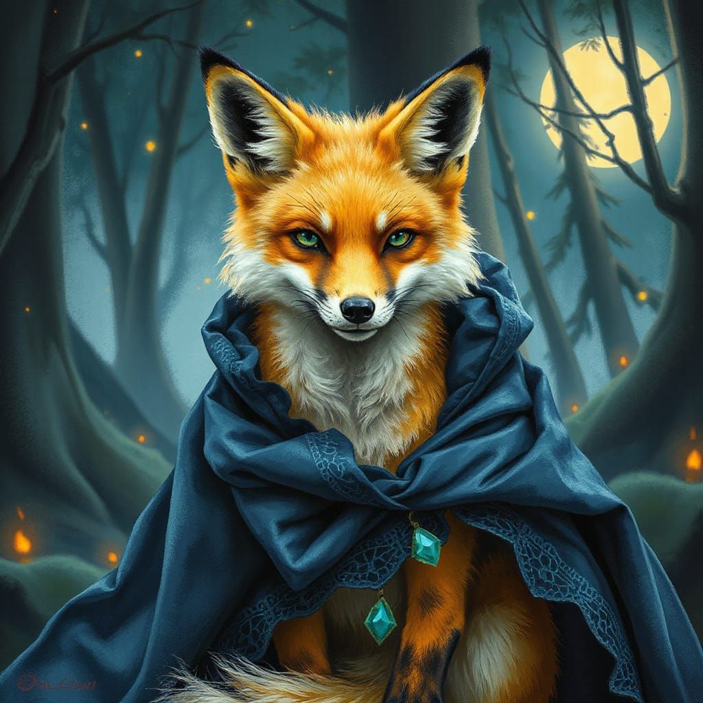 Golden Fox in Midnight Blue Cloak, Fantasy Illustration