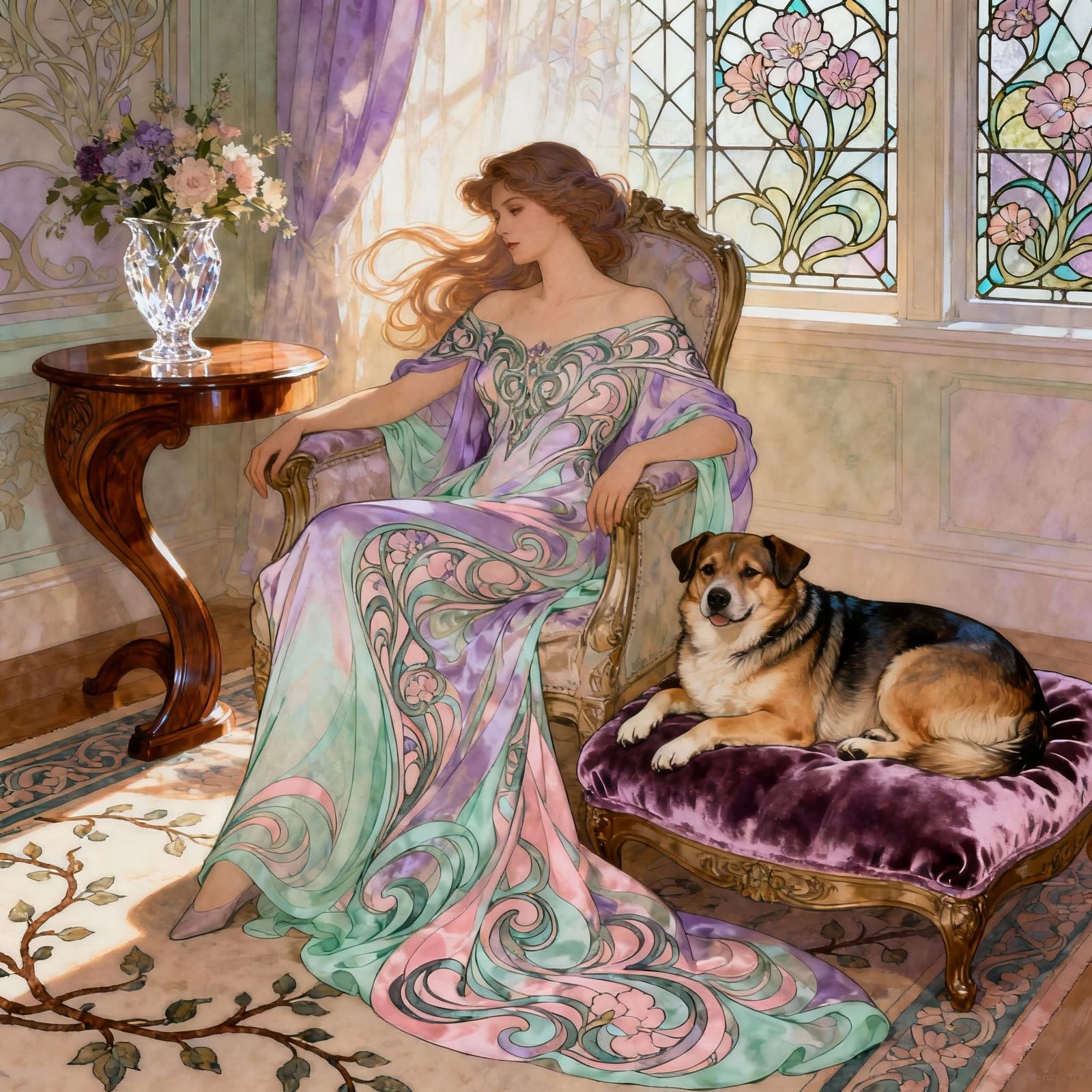 Elegant Woman and Dog in Art Nouveau Style