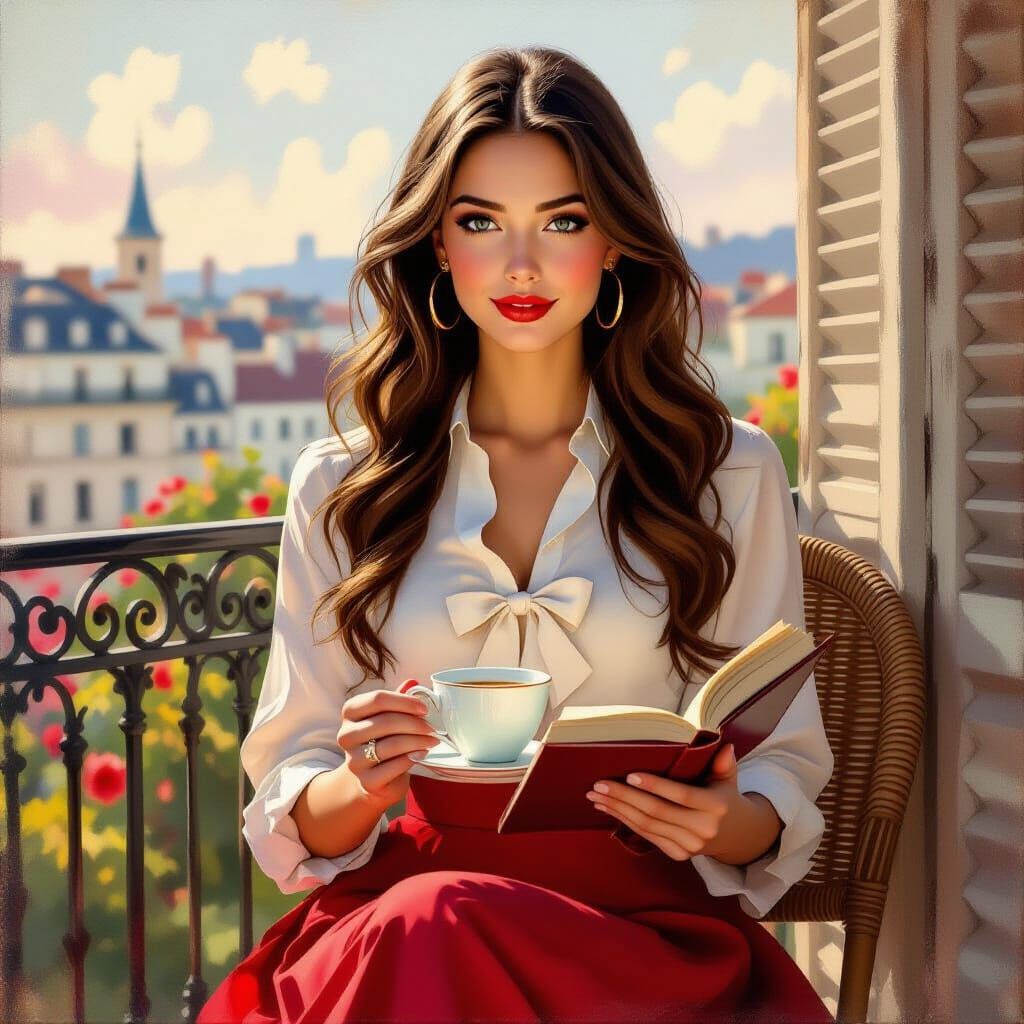 Romantic Oil Painting of Woman on French Balcony