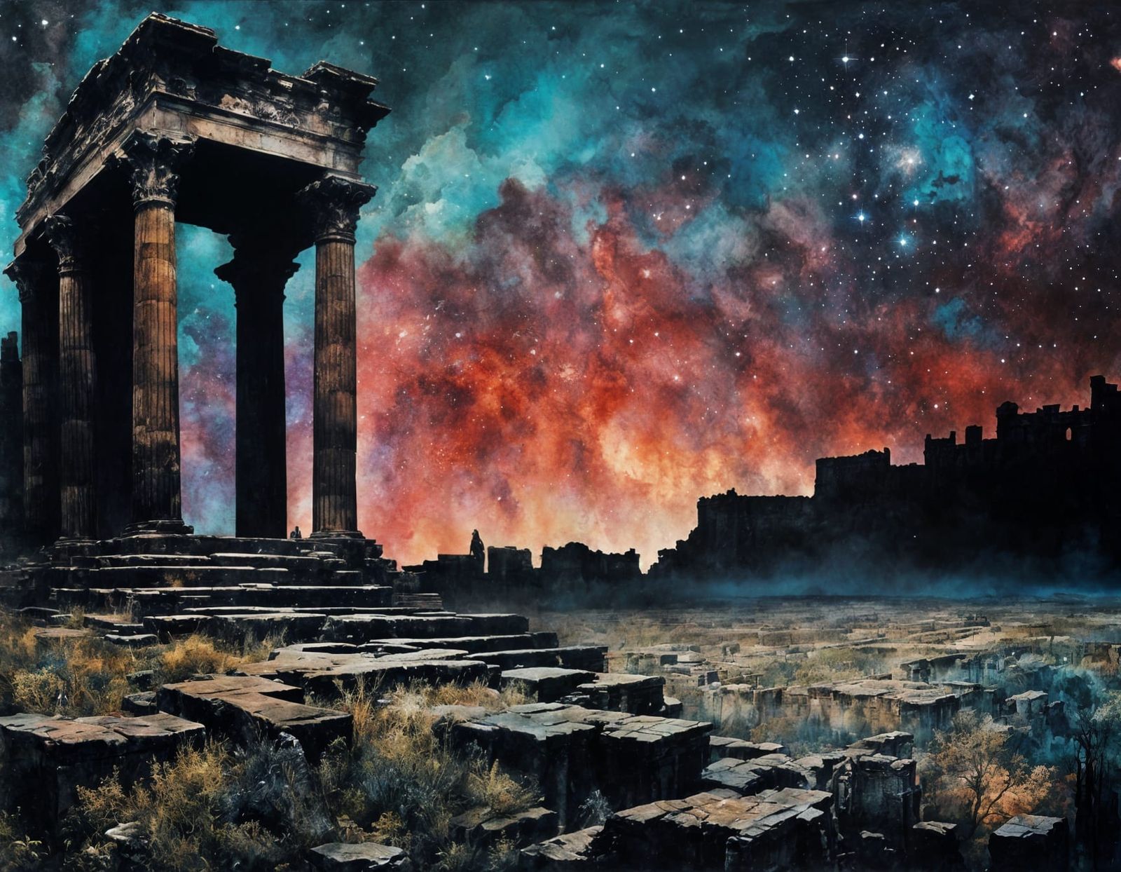 Roman ruins at night