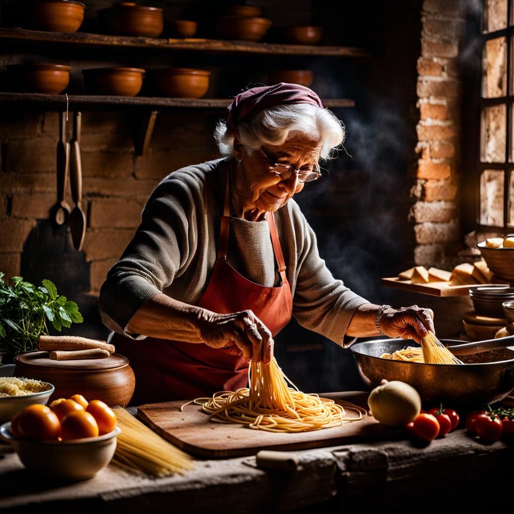 Italian Grandmother Making Pasta in Cozy Kitchen